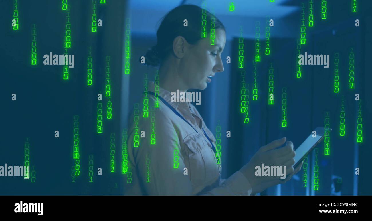 Analyzing IT tech using tablet at servers, LEDs and binary overlay in data center, copy space. Technology, cybersecurity, innovation, data, digital, p Stock Photo