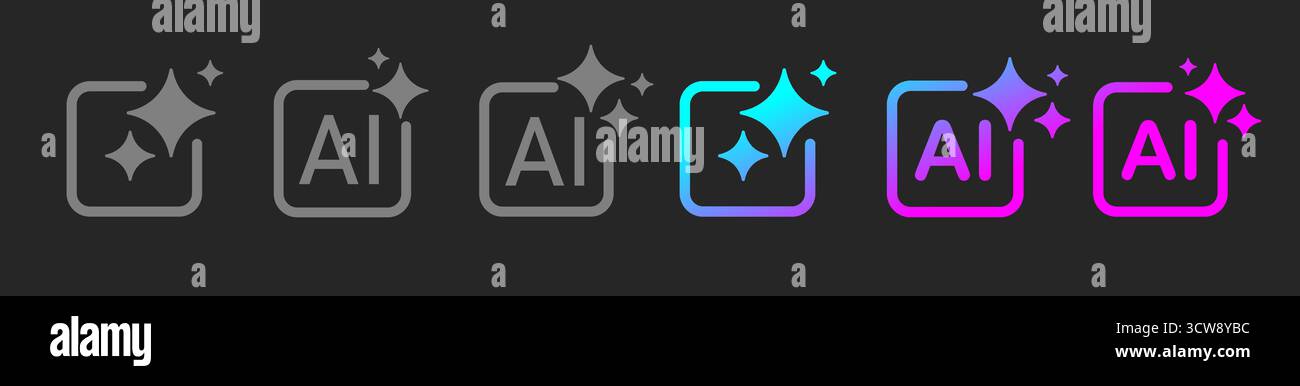 A set of six gray and colored Generative AI icons with a star and a square frame on a dark background. Stock Vector