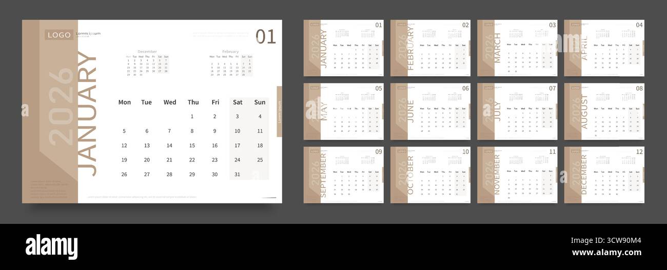 Vector calendar layout with the beginning of the week on Monday on a ...