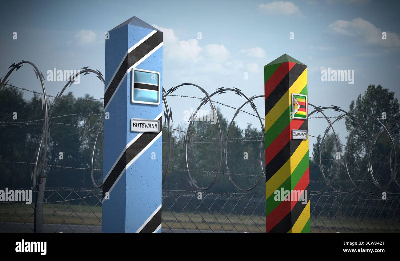 Border posts with flags of Botswana and Zimbabwe - 3d illustration ...