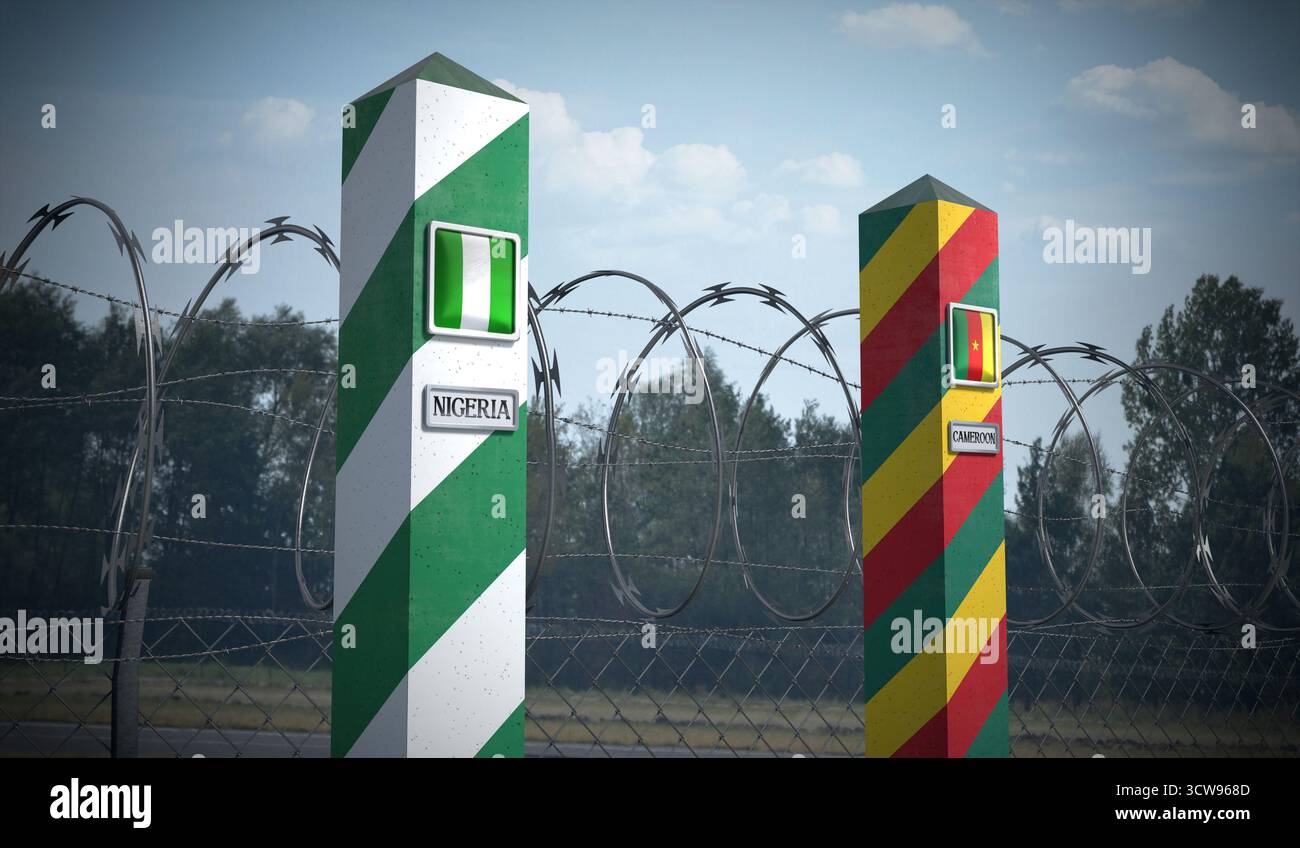 Border posts with flags of Nigeria and Cameroon - 3d illustration Stock ...