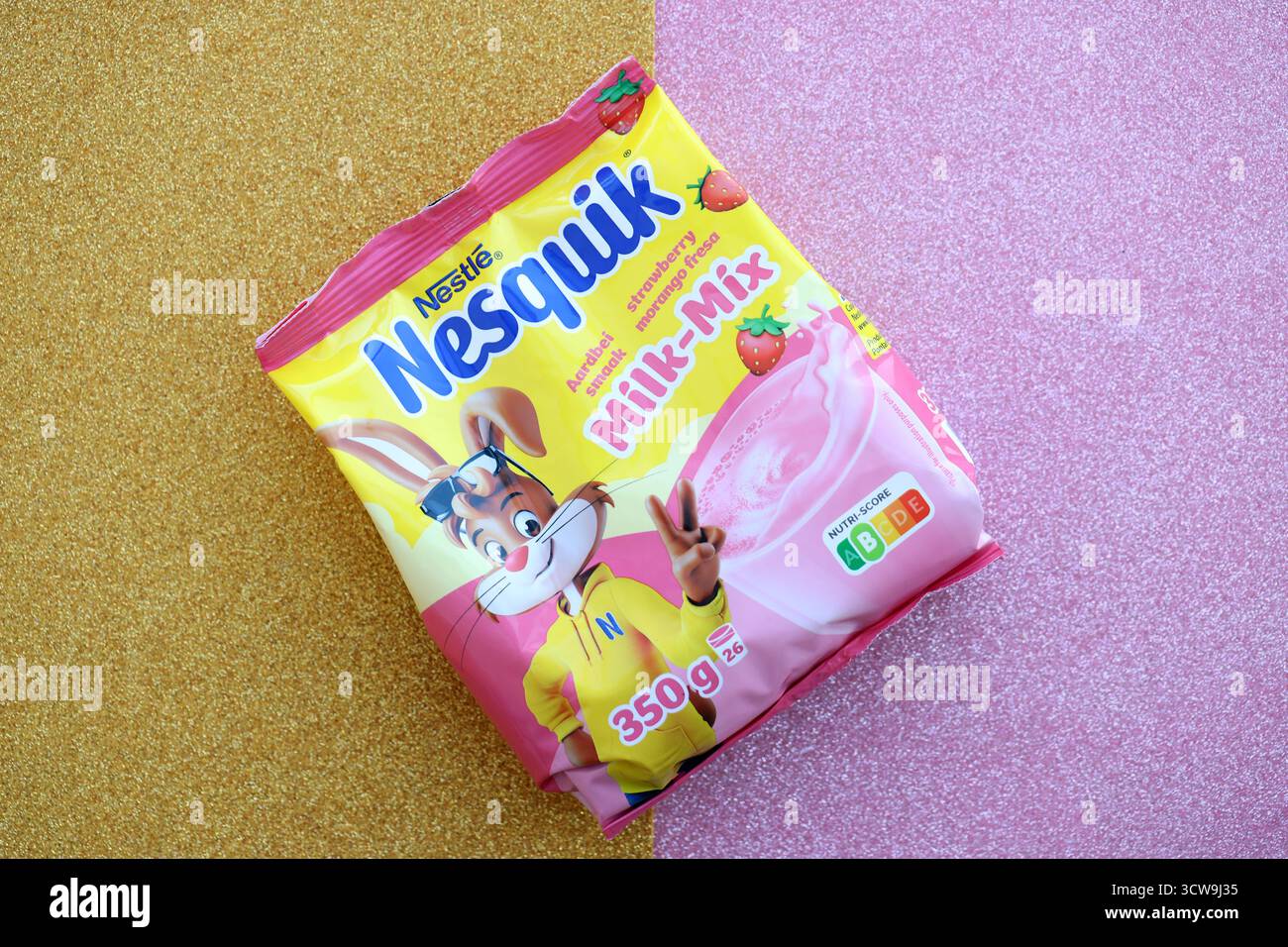 KYIV, UKRAINE - SEPTEMBER 21, 2025 Nesquik strawberry morango fresa Milk-Mix chocolate pack close up Stock Photo