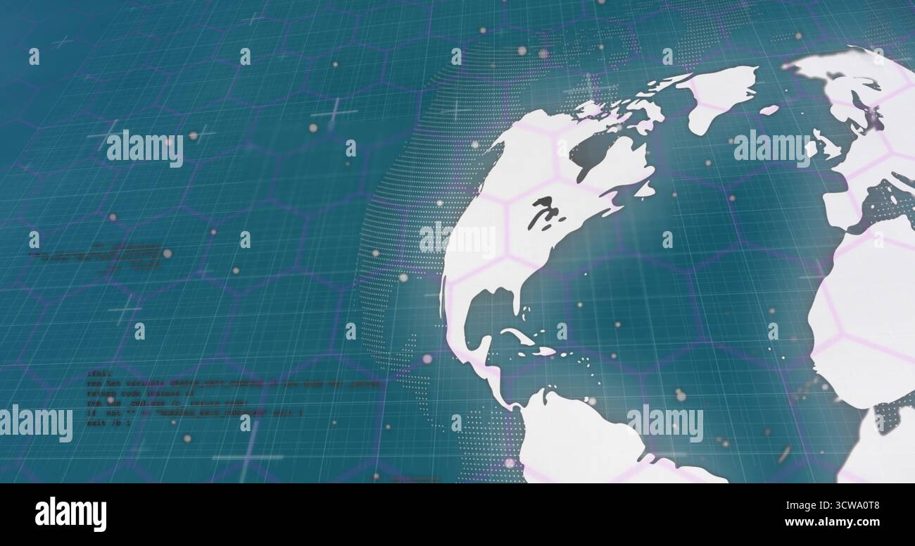 Displaying digital globe showing Americas on virtual teal grid with hex mesh, floating data points Stock Photo