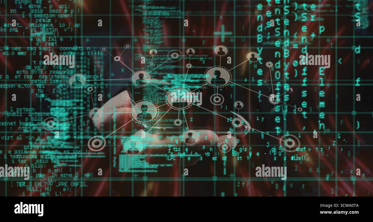 Holding smartphone user wearing dark coat viewing network in digital realm, with code streams Stock Photo