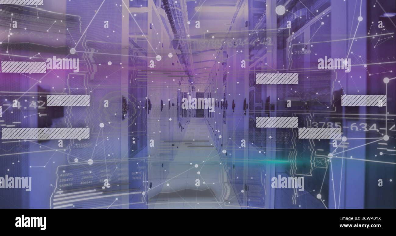 Displaying server cabinets lining data corridor with raised floor, cable trays and digital overlay Stock Photo
