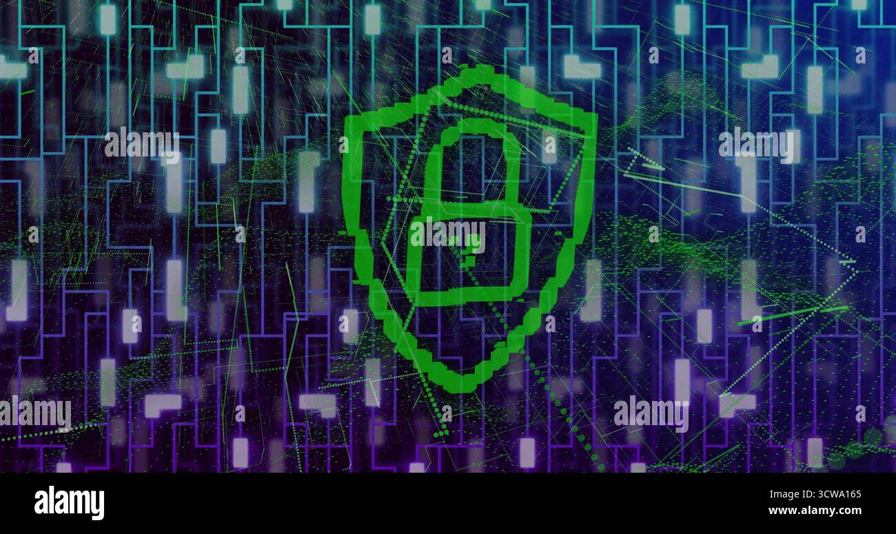 Pulsing green shield padlock icon protecting virtual data grid, with network lines and data nodes Stock Photo