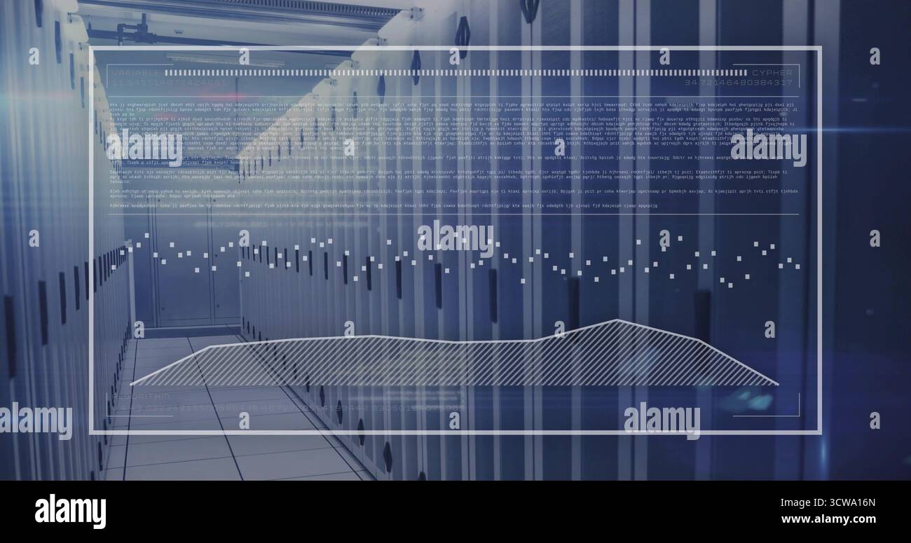 Displaying racks in server room with overlay showing code, dotted graph, waveform chart Stock Photo