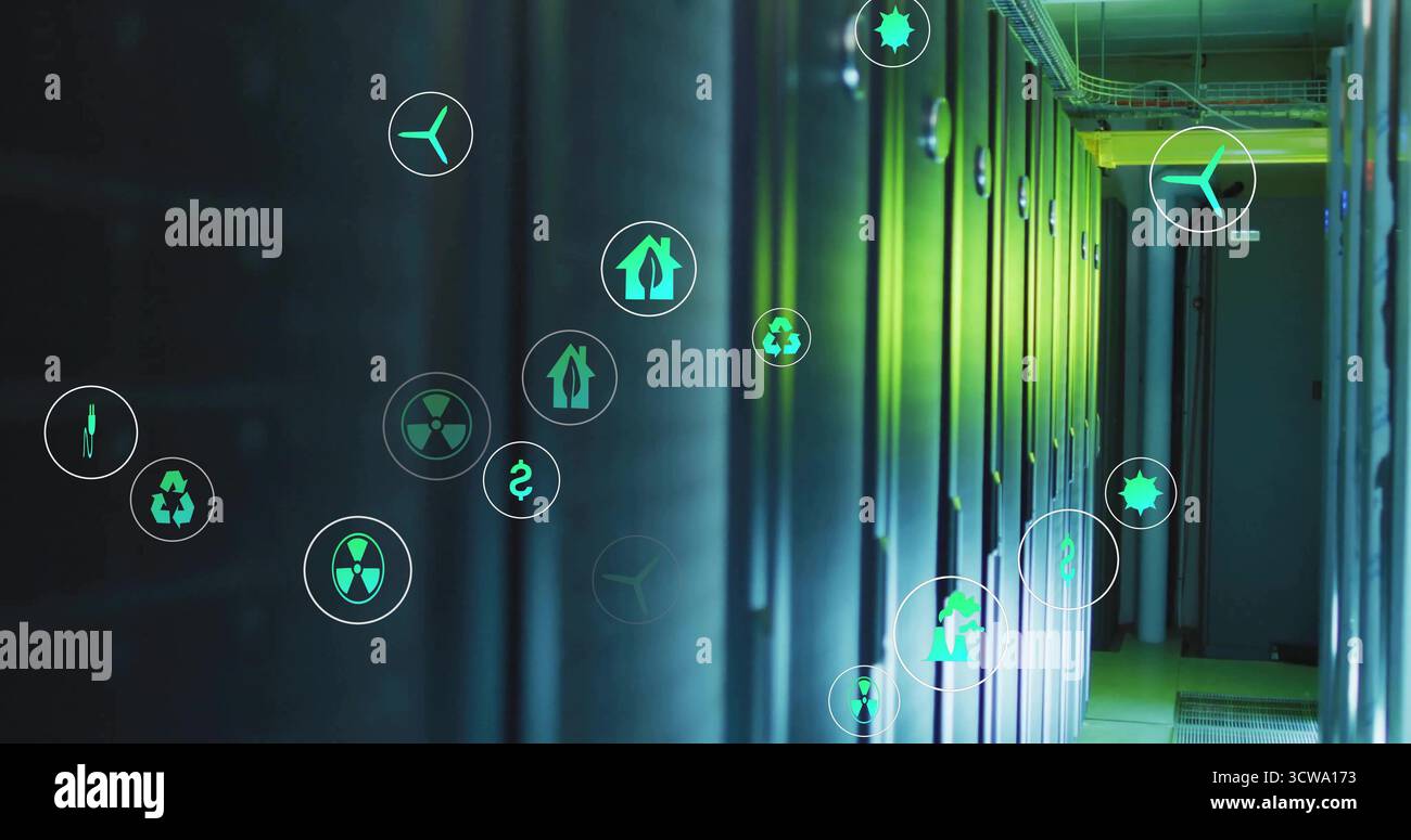 Server racks lining tech corridor between cable trays and floor, with floating sustainability icons Stock Photo