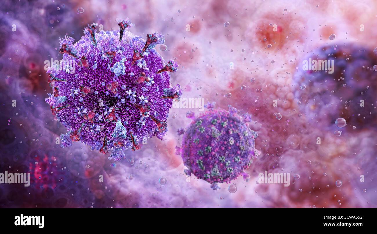 Illustration of human immunodeficiency virus (HIV) particles. HIV is a ...