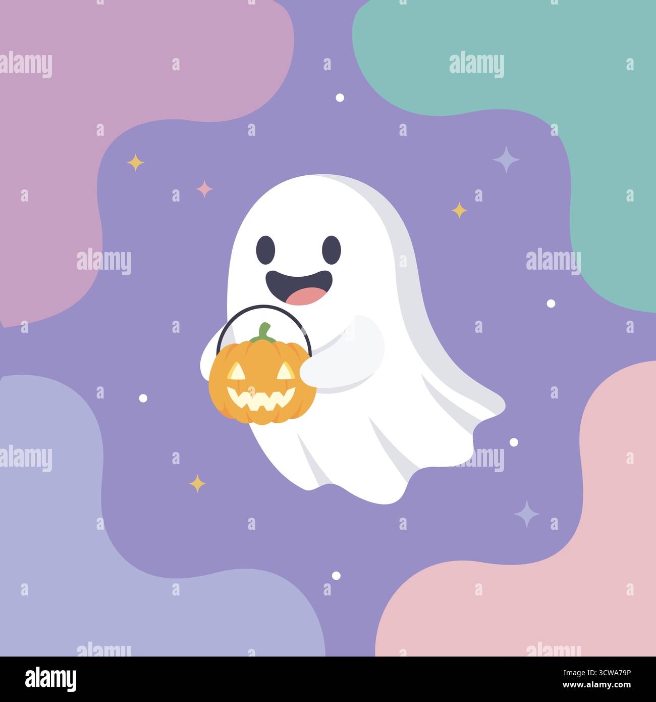 Cute ghost holding pumpkin lantern, Halloween themed flat vector illustration Stock Vector