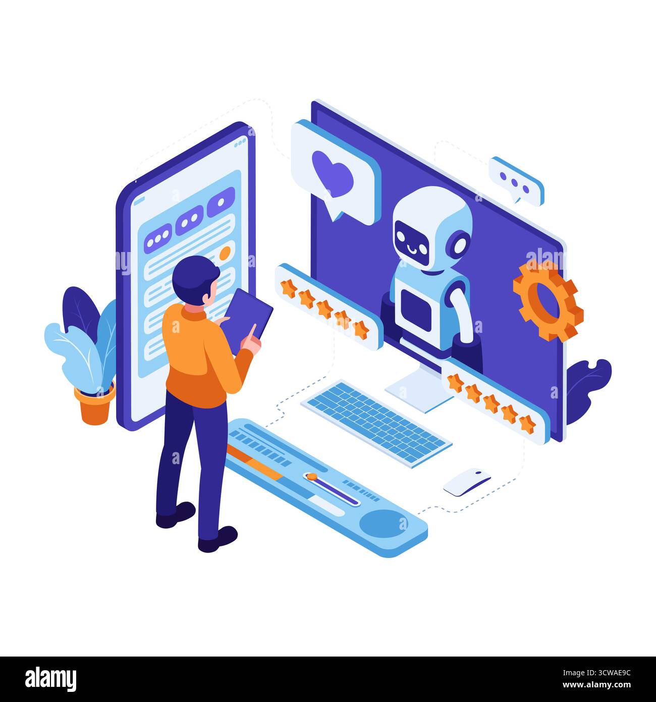 Isometric AI Powered Customer Support Interaction with User. AI Customer Support Concept Stock Vector