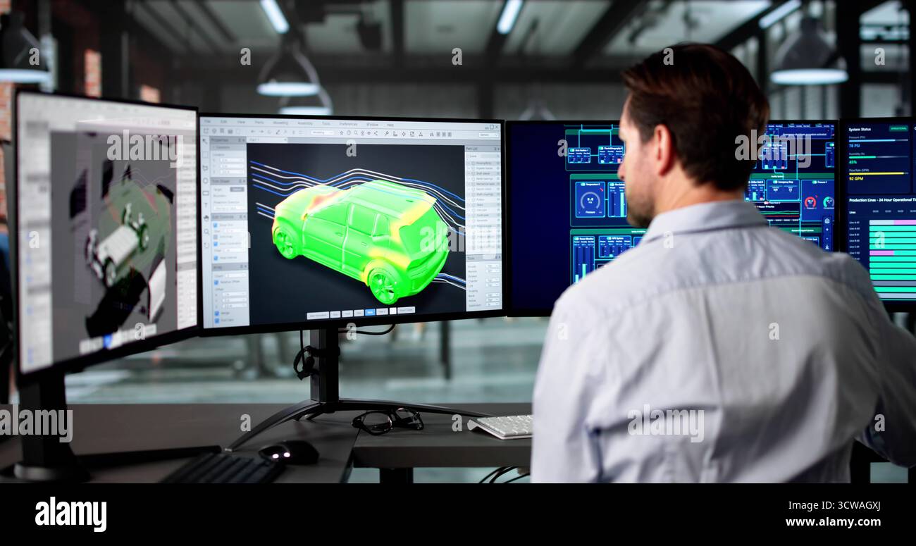 Engineer Testing Car Aerodynamics Using Automotive Design Software Technology. Older Professional. Stock Photo