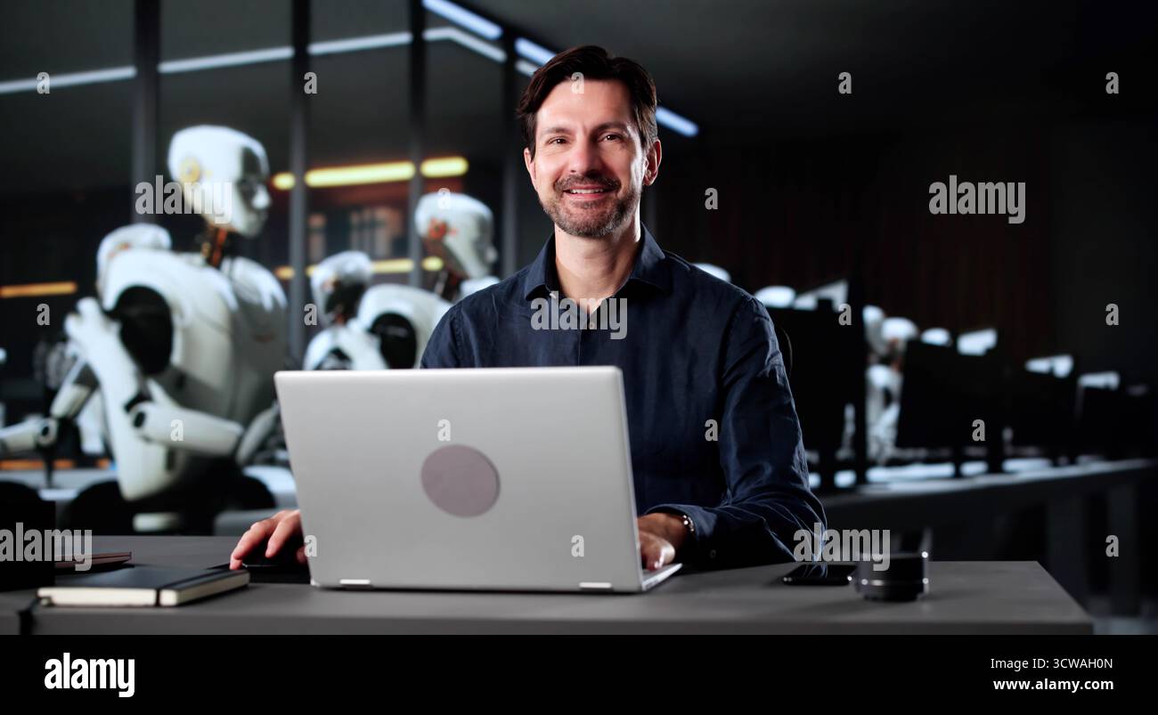 Senior Engineers Creating Virtual Workers With Advanced Artificial Intelligence Software Stock Photo