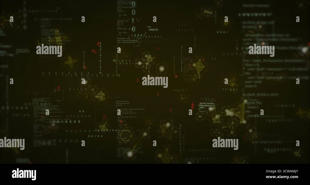 Displaying network interface in virtual environment, with glowing binary digits and hexagon nodes Stock Photo