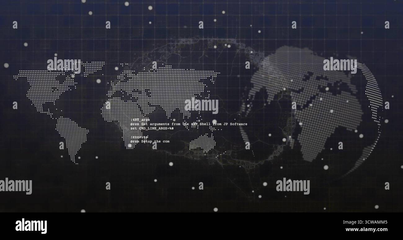 Displaying dotted world map on dark blue grid with globe, network lines, markers and code snippets Stock Photo