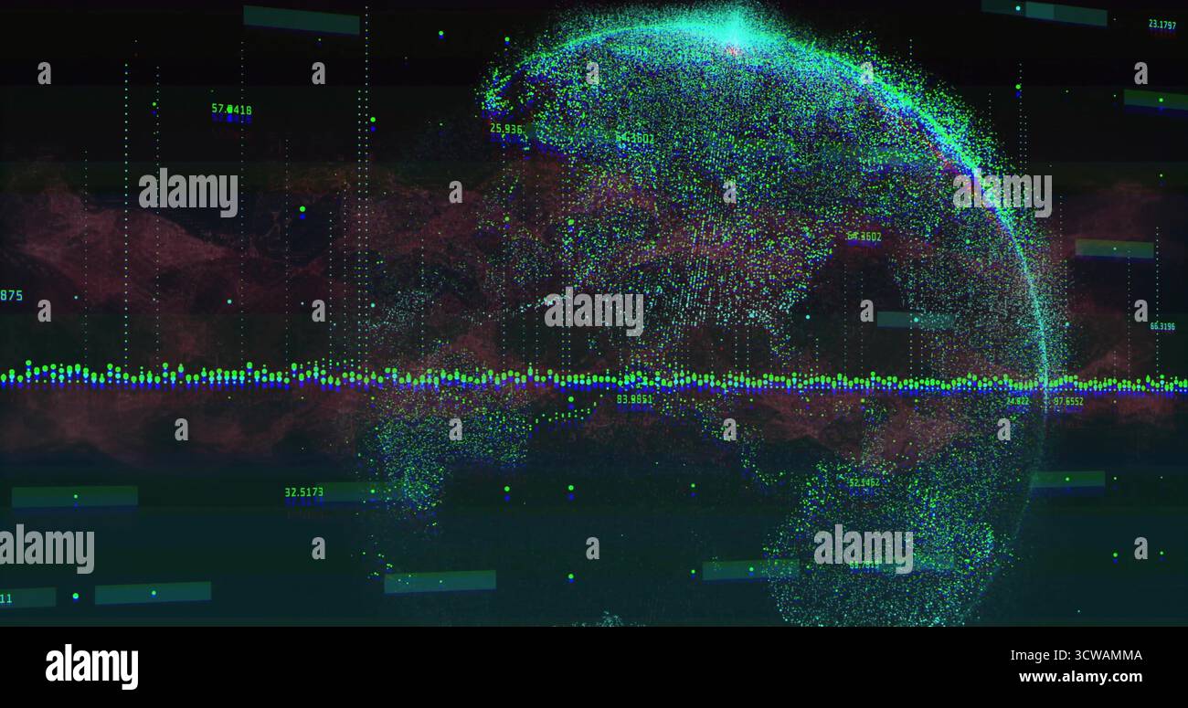 Glowing dot-matrix globe pulsing in digital interface, with waveform, glitch bars and data cloud Stock Photo
