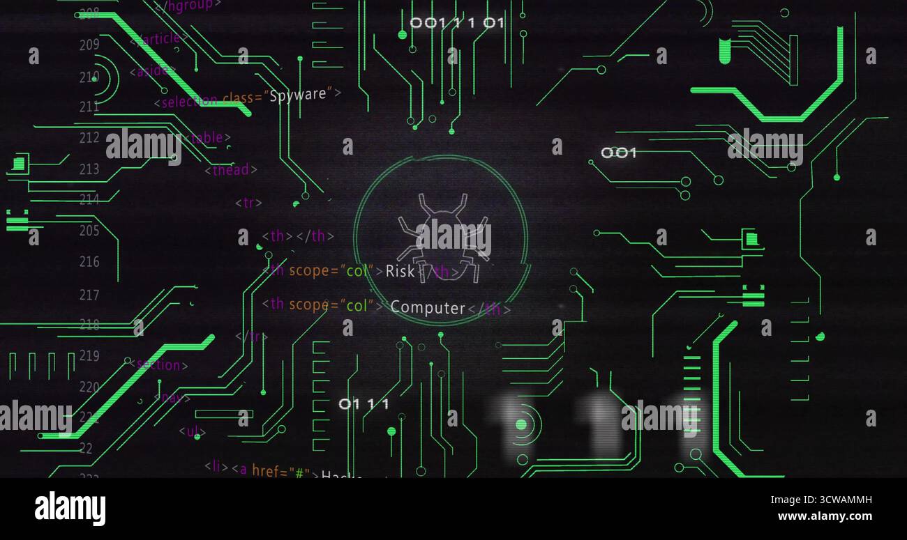 Displaying central bug icon signaling malware threat on circuit board interface, with code snippets Stock Photo
