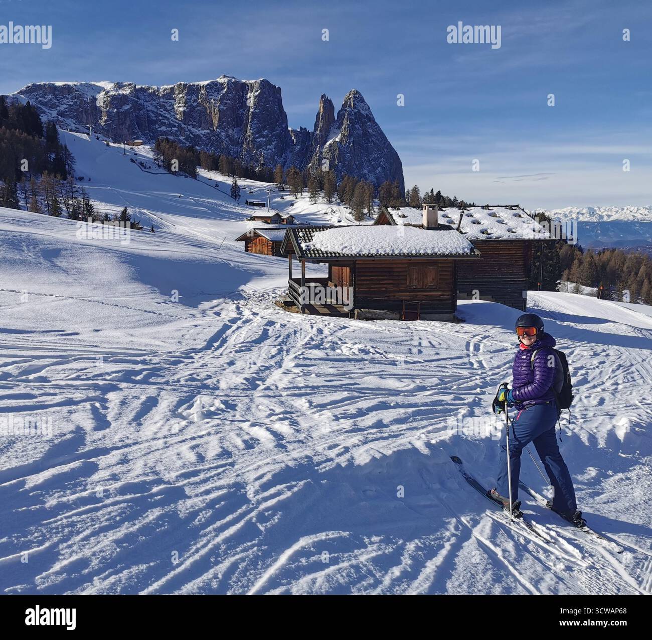 Spitzbühlhütte, The Sciliar, Seiser Alm skiing, Ortisei, Val Gardena, South Tyrol, Italian Dolomites—alpine refuge hut and with - Smartphone Captured Stock Image