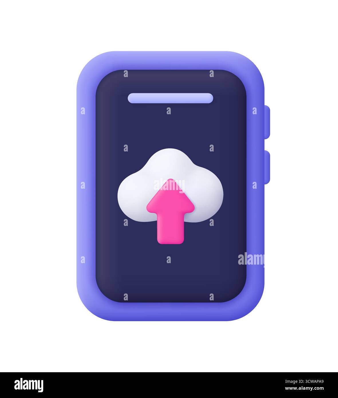 Smartphone with cloud and pink upload arrow on screen. Data upload, cloud storage, synchronization, online backup and cloud computing concept. 3d vect Stock Vector