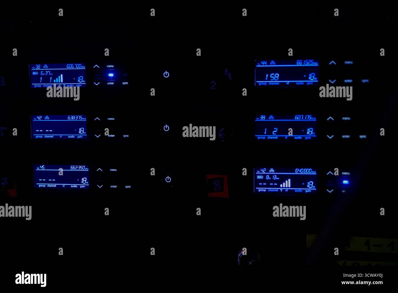 This is a modern dashboard control interface featuring stunning blue lighting accents Stock Photo