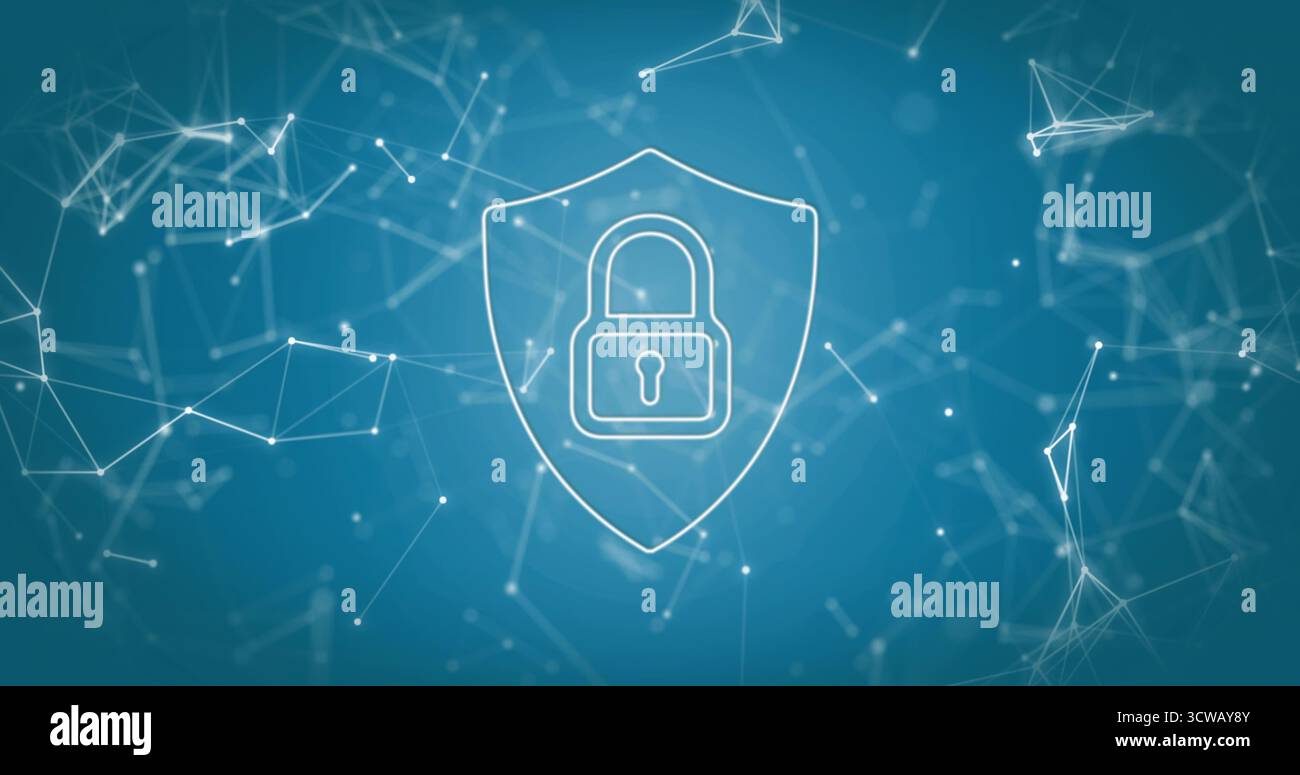 Showcasing padlock inside shield floating on blue gradient backdrop, with network lines and nodes Stock Photo