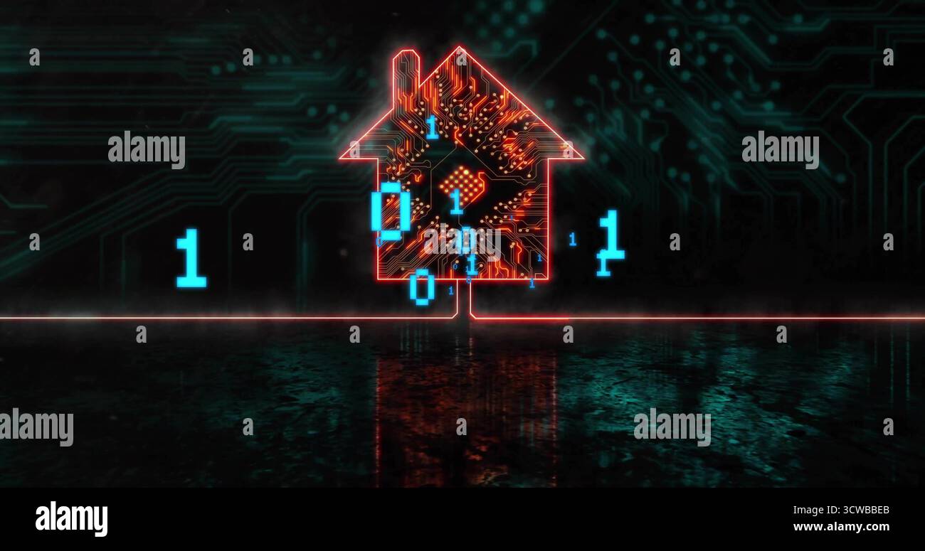 Glowing red neon house outline featuring central microchip in digital space, floating binary digits Stock Photo