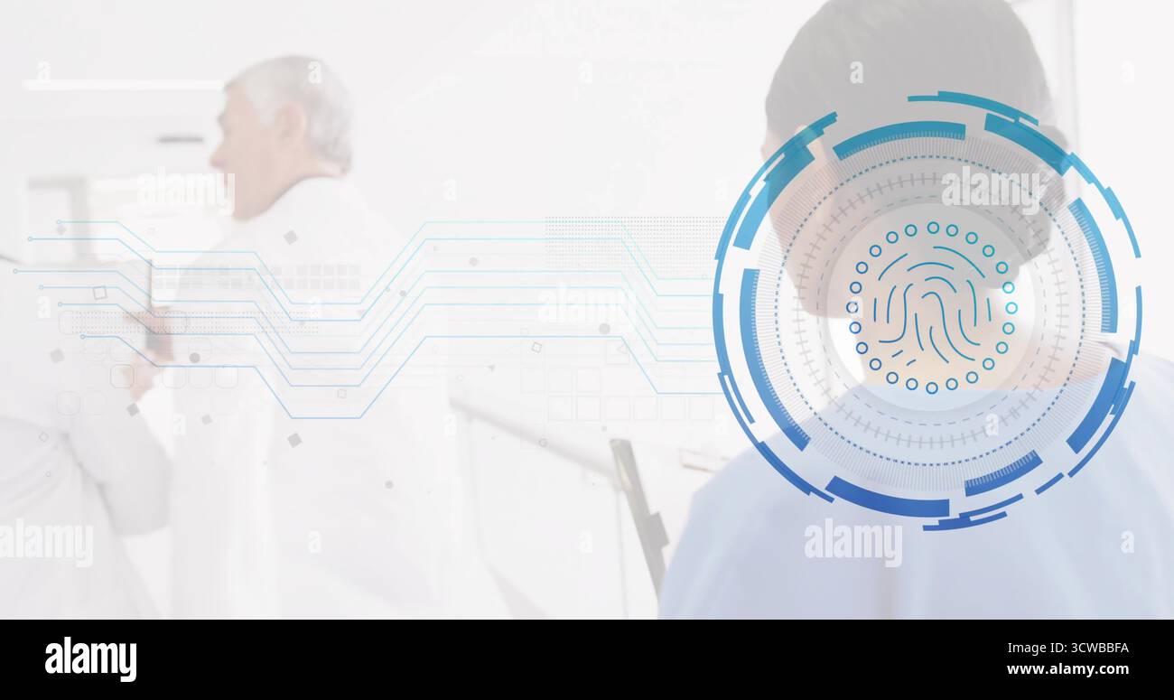 Using fingerprint scanner interface, doctors in hospital corridor with tablet stand and data lines Stock Photo