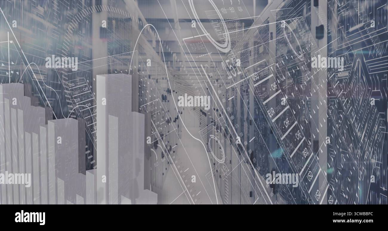 Featuring server racks in data center corridor, showing line graphs, 3D bars, currency tickers Stock Photo