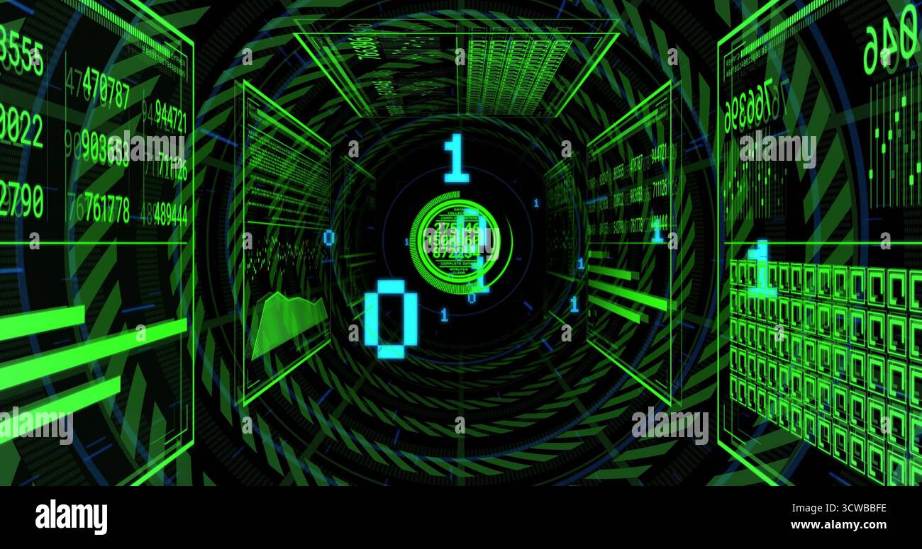 Rotating circular HUD interface displaying code in virtual data tunnel, with floating binary digits Stock Photo