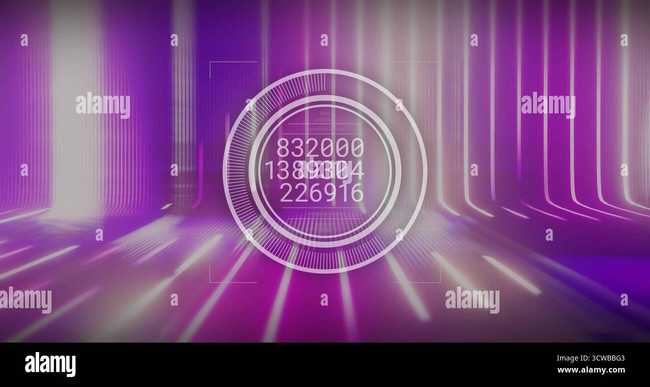 Displaying holographic interface showing numeric values in virtual neon corridor, with floor strips Stock Photo