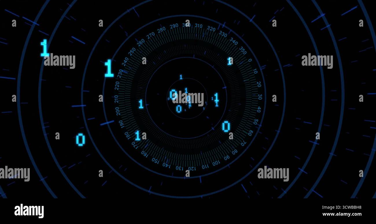 Displaying circular interface rotating rings with tick marks in space with floating cyan digits Stock Photo