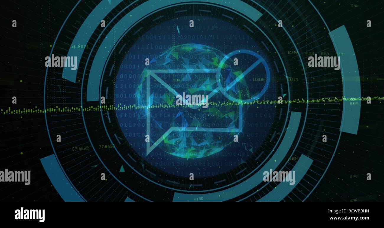 Displaying globe featuring email icon at interface with concentric rings, waveform and code streams Stock Photo