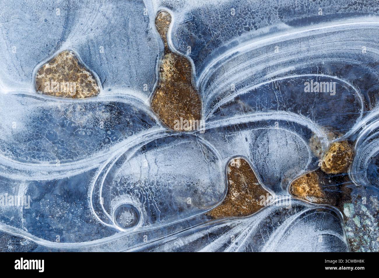 A group of small stones locked in a sheet of swirling frozen ice, creating an abstract pattern of curves arcs and textrues - Stock Image
