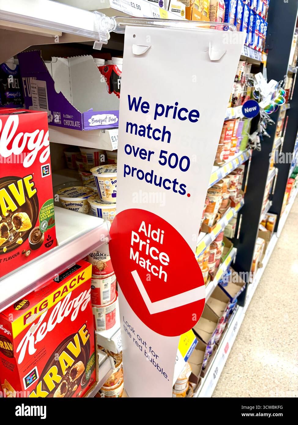 Tesco supermarket Aldi price match on over 500 products, sign,Bury greater Manchester,England,UK - Smartphone Captured Stock Image