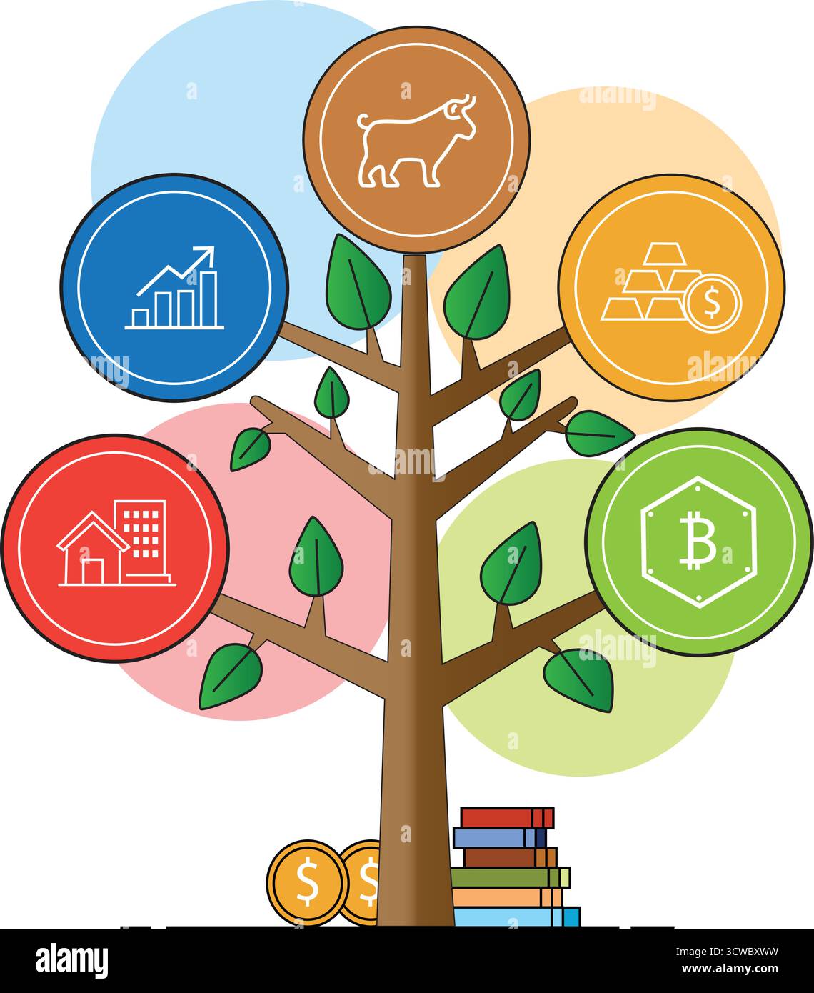 Grow your wealth tree: Diversify to minimize risk and maximize returns. Stock Vector