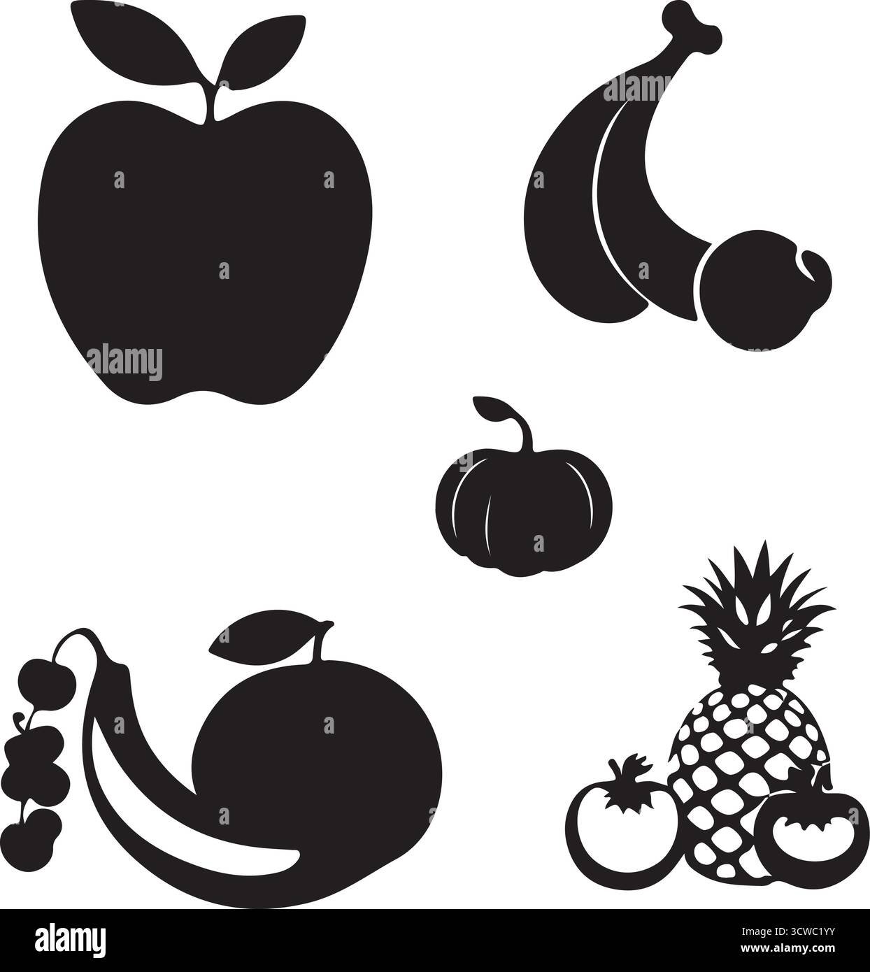 Assorted Fruit Silhouettes - Apple, Banana, Pumpkin, Pineapple & More Stock Vector