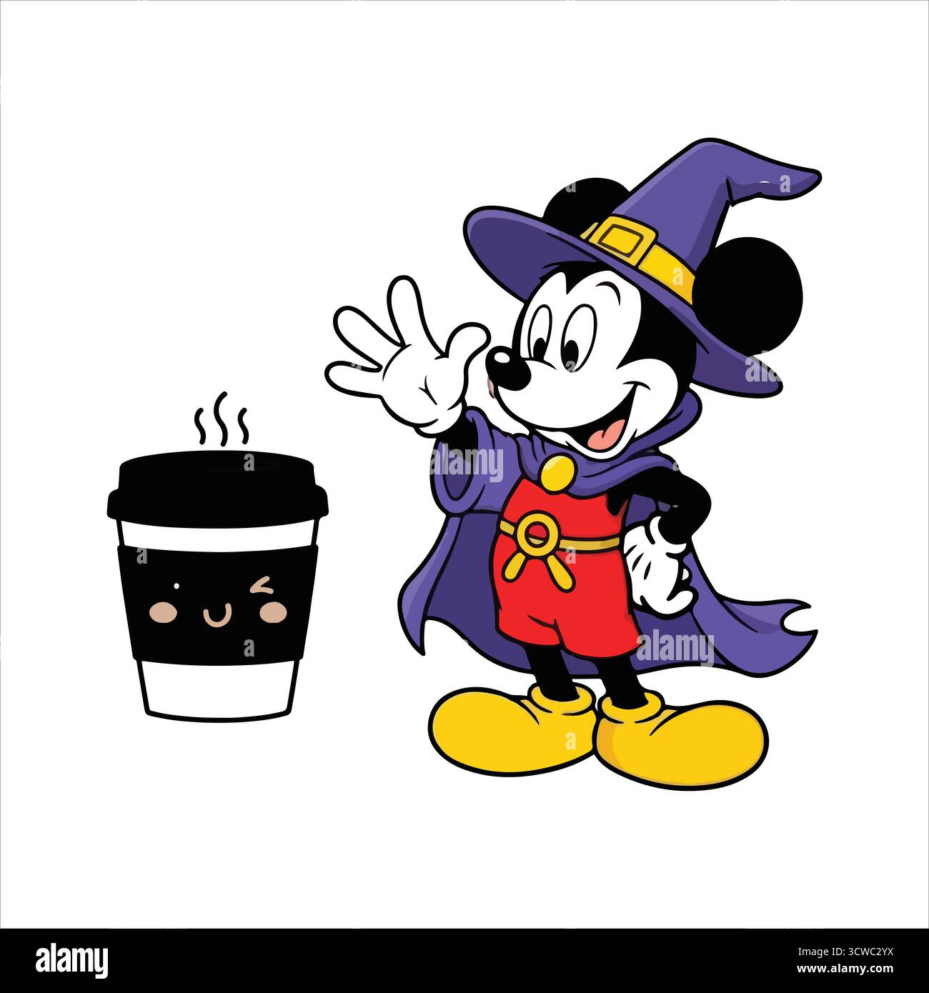 Mickey Mouse as a Wizard Waving with a Cute Kawaii Coffee Cup Stock Vector