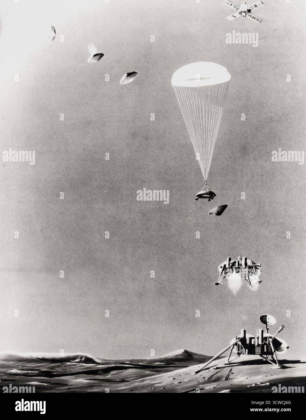 This is an artist's conception of the sequence of events that will take place just prior to landing a life-detection laboratory on the surface of Mars on July 4, 1976. Above right, the Viking spacecraft, composed of an orbiter and a lander, has been in orbit around the Red Planet since June 19, 1976, taking pictures of the planned landing site to ascertain its safety before releasing the lander (top, left) for its threeto five-hour descent. Protected by aeroshells, the heat-sterilized lander hurtles into the thin Martian atmosphere at a speed of about 10,000 mph, to be slowed first by aerodyna Stock Photo