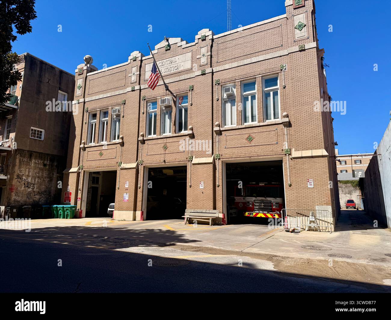 New Orleans Fire Department Station with fire truck parked inside - Smartphone Captured Stock Image