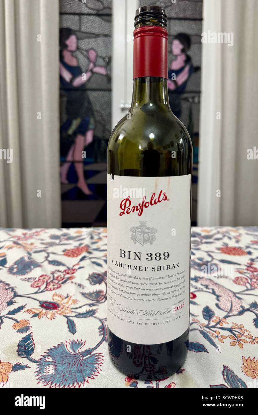Bottle of red wine Barossa Valley Penfolds Bin 389 Cabernet Sauvignon Shiraz blend from 2013 vintage South Australia - Smartphone Captured Stock Image