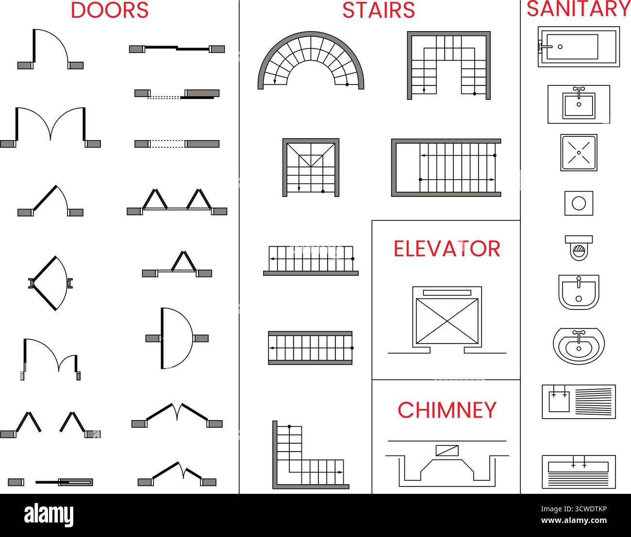 Architectural icon set, doors, sanitary, stairs, elevator, chimney ...