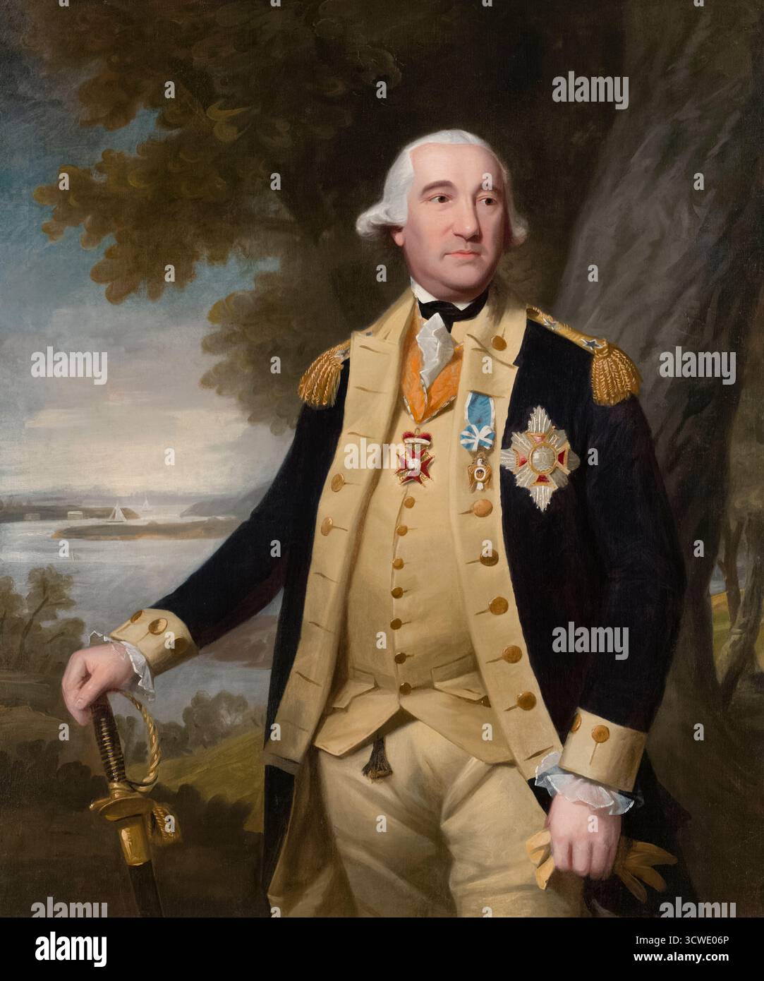 Major General Friedrich Wilhelm Augustus, Baron von Steuben, 1886 oil painting by American artist Ralph Earl (1751-1801) showing Prussian-born military officer Friedrich Wilhelm von Steuben (1730-1794) wearing the uniform of a major general of the Continental Army decorated with the Star and Cross of the Order of Fidelity (Orden der Treue) of Baden and the badge of the Society of the Cincinnati, an American Revolutionary order for officers who served with distinction. Stock Photo