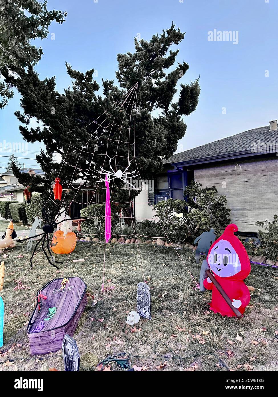 Giant Spider Web and Cartoon Reaper Halloween Yard Display - Smartphone Captured Stock Image