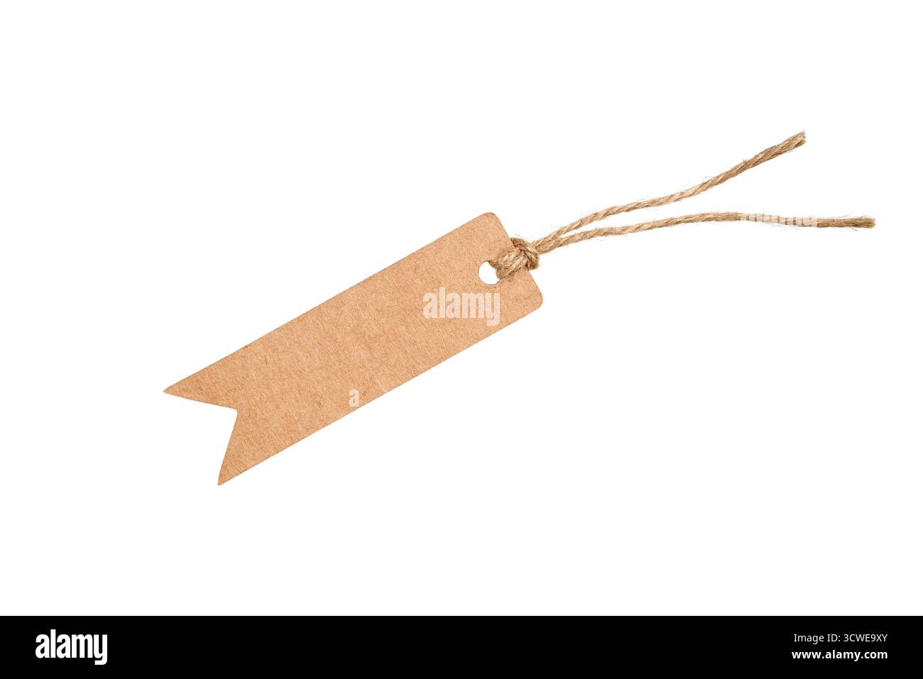 Blank kraft paper tag with twine string isolated on white background. Stock Photo