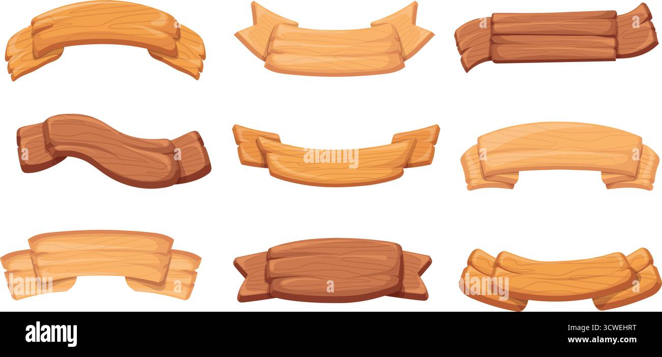 Cartoon wooden ribbons. Wood plank texture rpg game ui banners, rustic ...