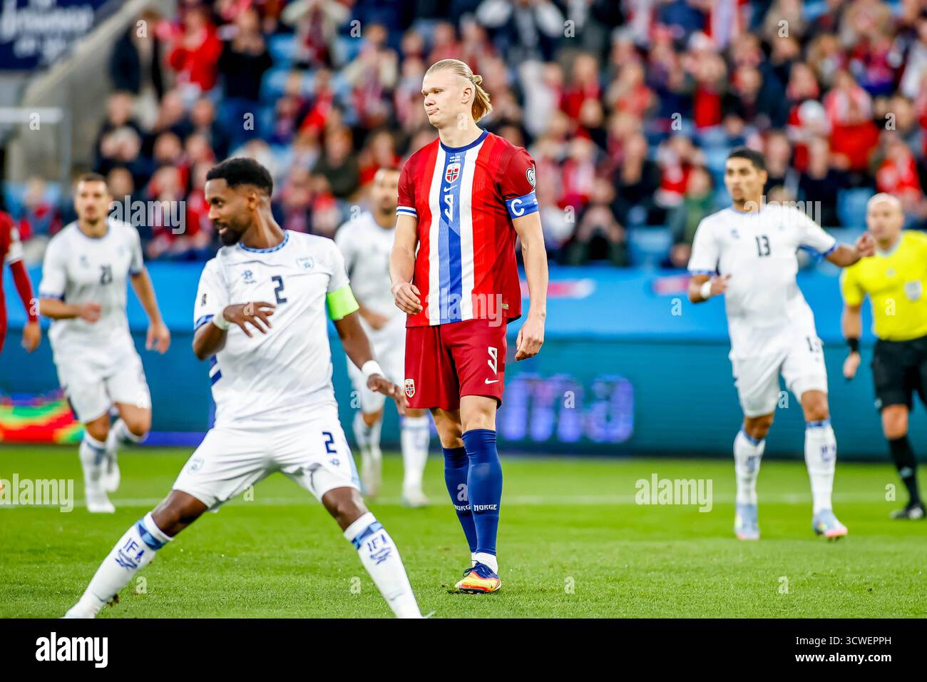 Oslo Norway 11th Oct 2025 Norway s Erling Braut Haaland Misses His oslo-norway-11th-oct-2025-norway-s-erling-braut-haaland-misses-his