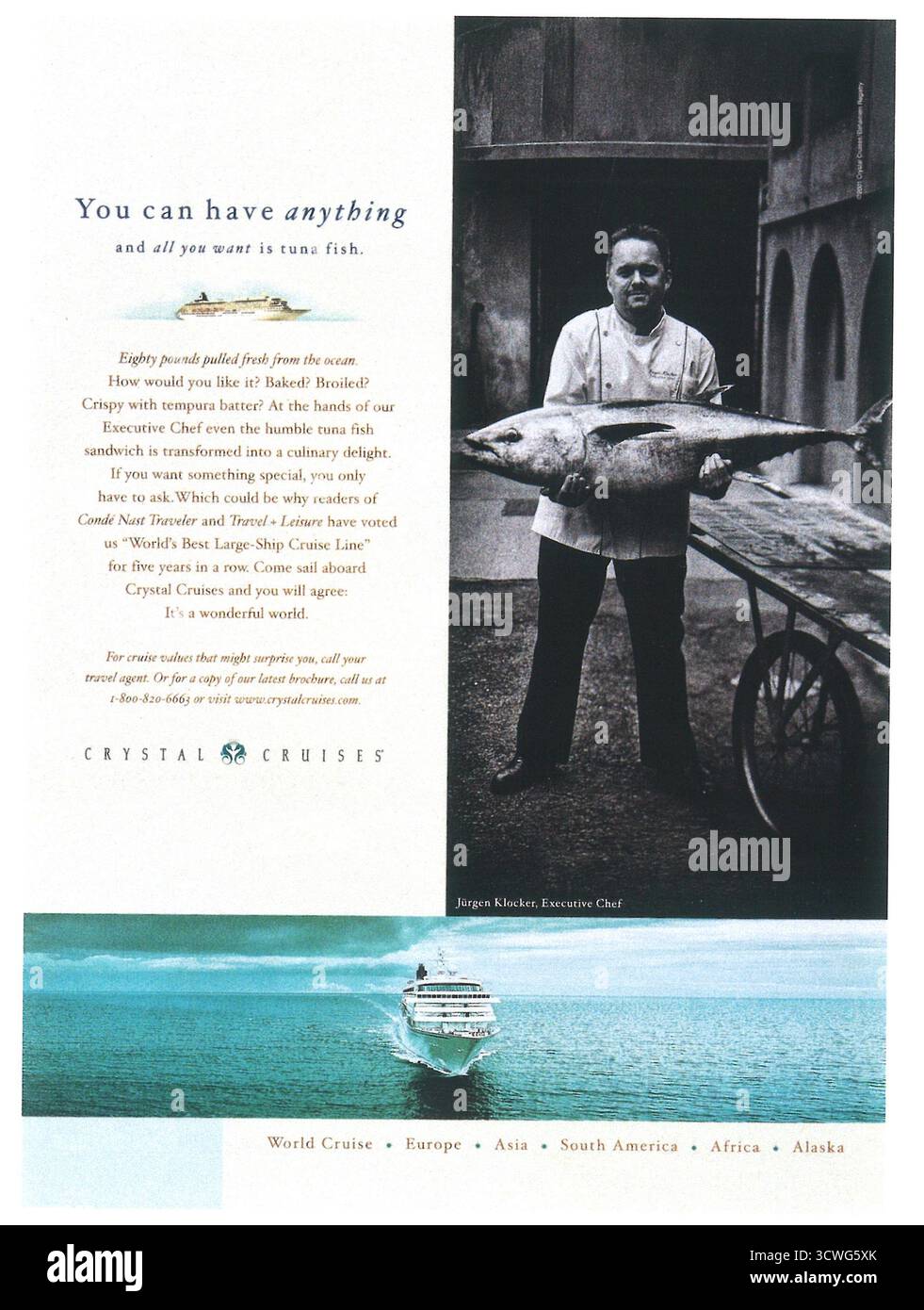 2001 Crystal Cruises ad featuring a large fish held by chef Jurgen Klocker, with the tagline "You can have anything and all you want is tuna fish." Stock Photo