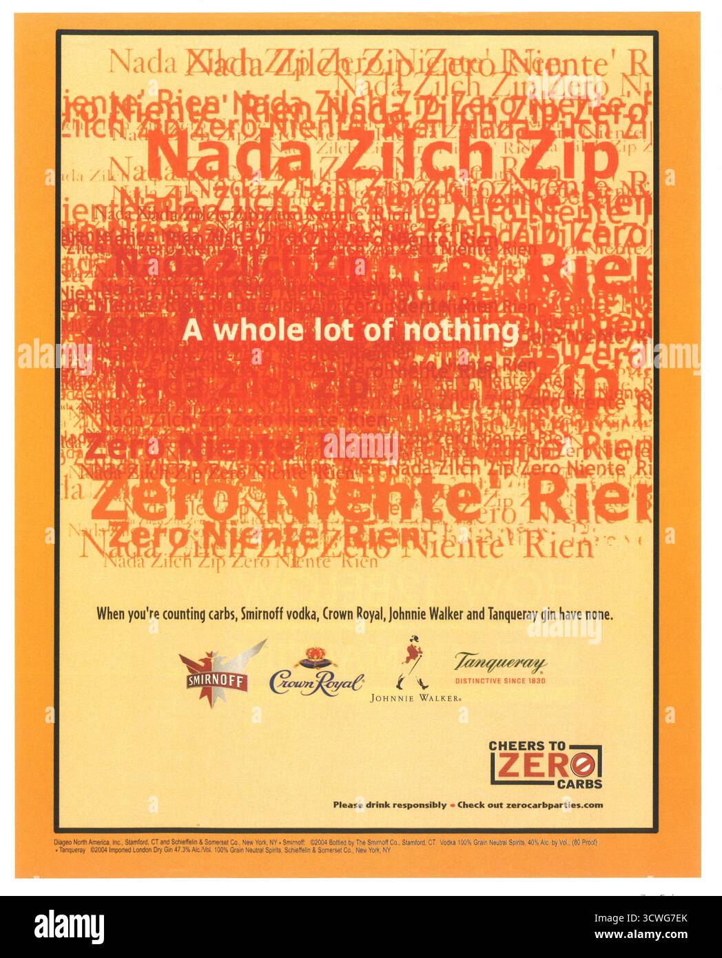 2004 Zero Carbs campaign ad, "when you're counting carbs, Smirnoff vodka, Crown Royal, Johnnie Walker, and Tanqueray have none" Stock Photo