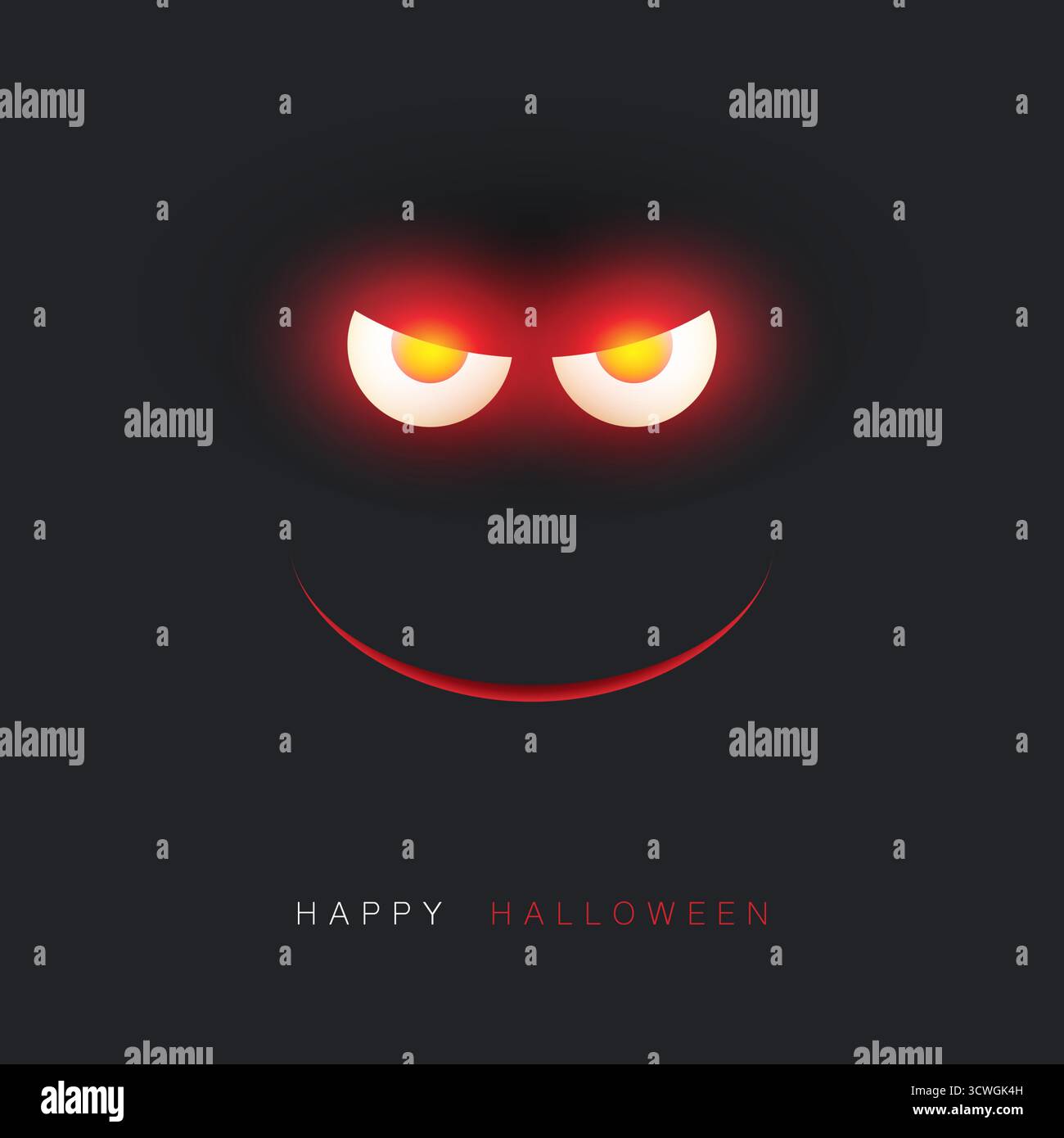 Happy Halloween Card, Flyer or Poster Template - Creepy Face with Glowing Eyes and Scary Smile in the Dark - Vector Design Illustration with Copyspace Stock Vector