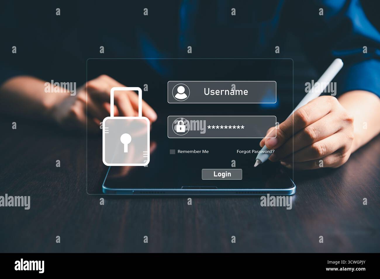 User accesses secure internet system through advanced high technology, username, password, ensuring encryption, strong cybersecurity for information s Stock Photo